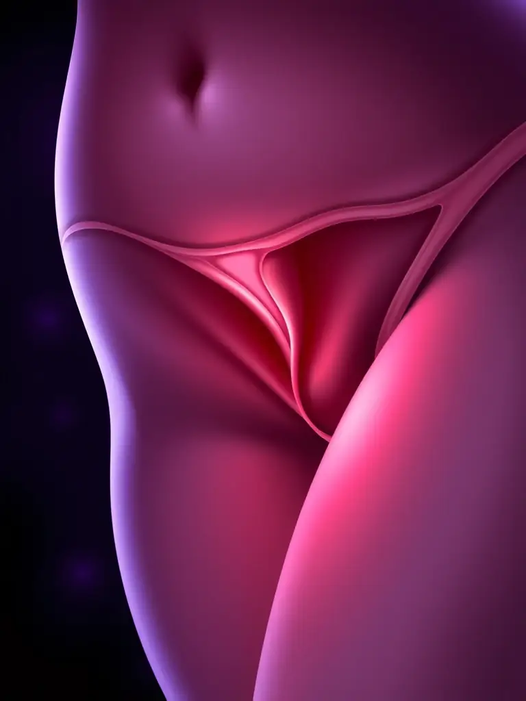 An artistic representation of the clitoris area, emphasizing sensitivity and pleasure, promoting understanding of clitoral reconstruction's benefits.