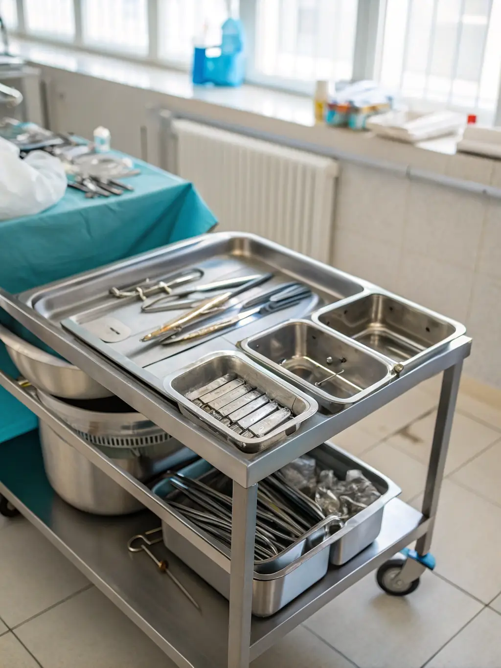 A close-up shot of a surgical instrument tray, impeccably organized, symbolizing precision and care in Dra. Marina Possamai's aesthetic surgeries.