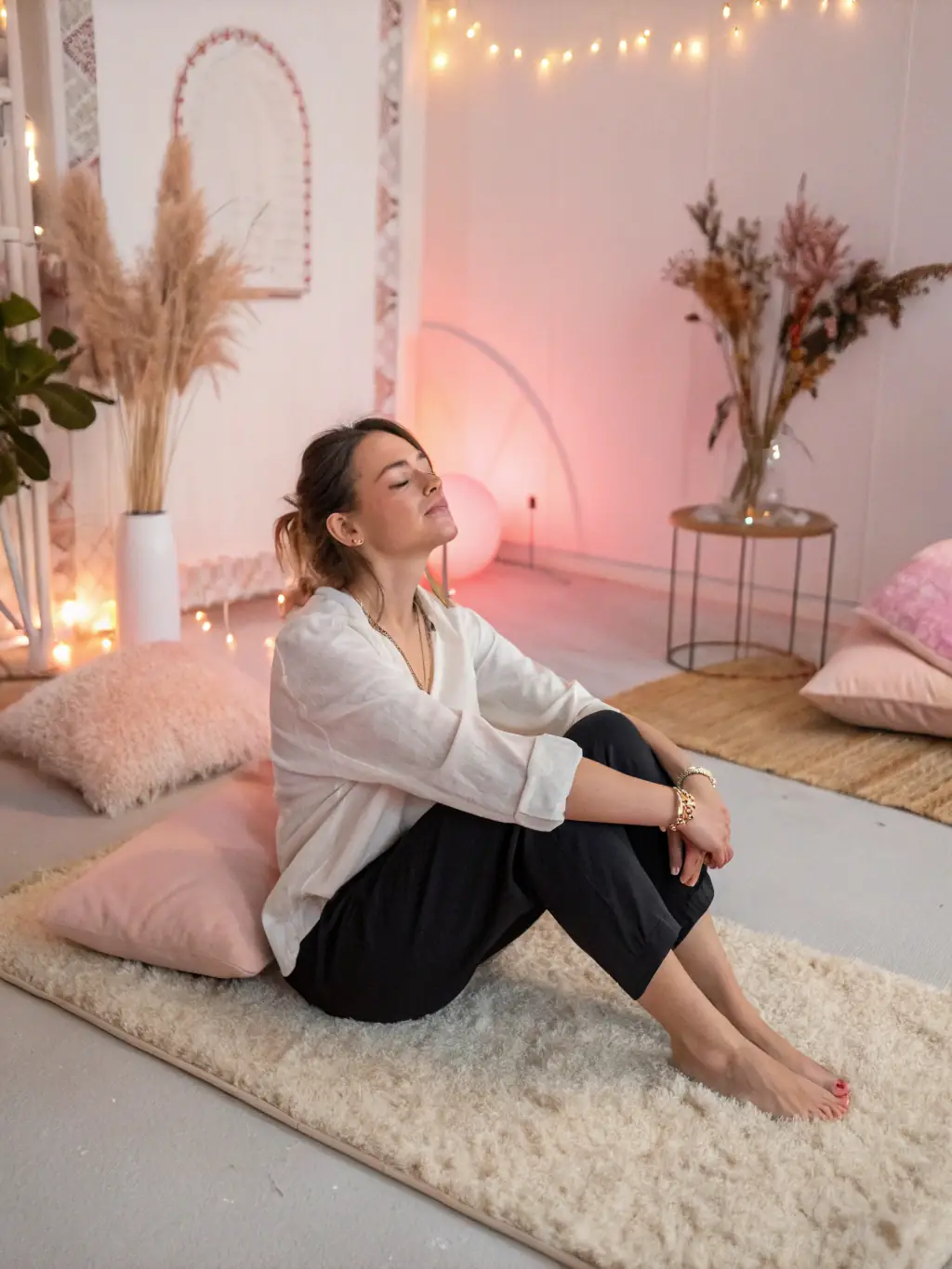 A serene image of a woman meditating, representing the holistic approach to well-being that includes cosmiatric procedures for overall confidence.