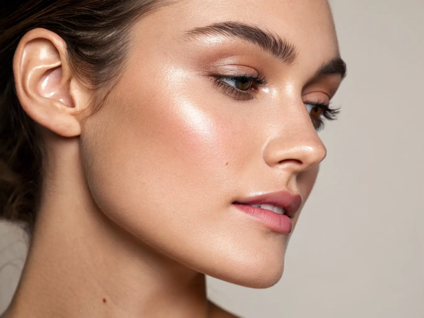 A close-up shot of a woman's face, highlighting her radiant and youthful skin after undergoing a cosmiatric procedure at Dra. Marina Possamai's clinic. The image should convey a sense of natural beauty and enhanced confidence.
