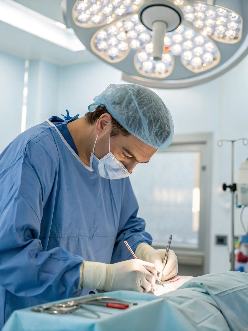 A close-up shot of a surgeon's hands performing a labiaplasty procedure in a sterile operating room, showcasing precision and expertise.